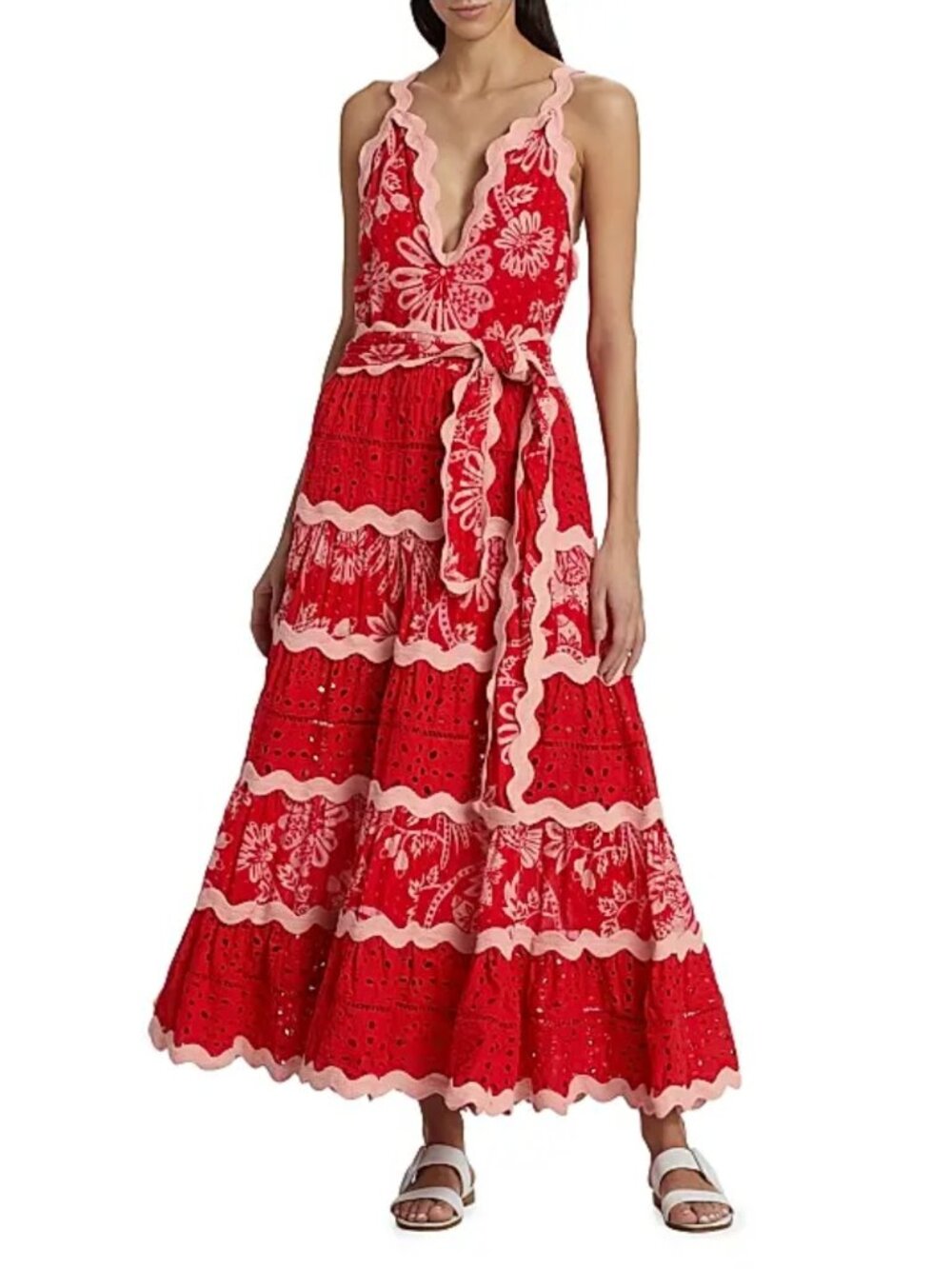FARM RIO Flowerful Birds Maxi Dress XL NWT Red Pink Eyelet Lace V-Neck Plunge - Picture 1 of 13
